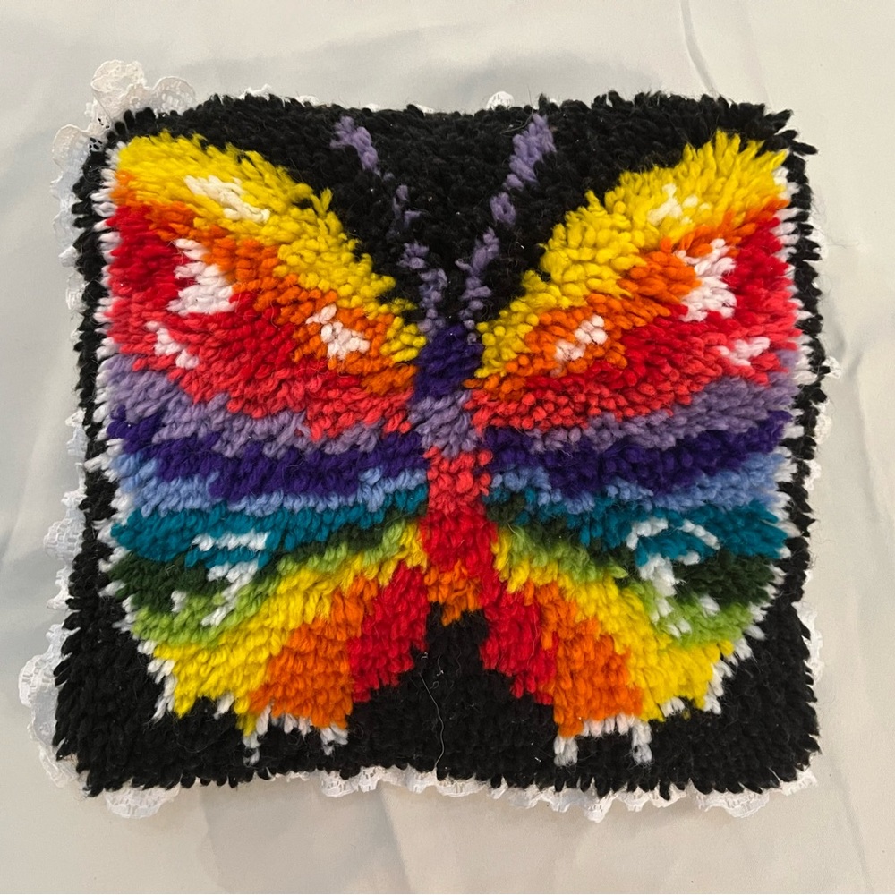Vintage Latch Hook Rainbow Butterfly Pillow